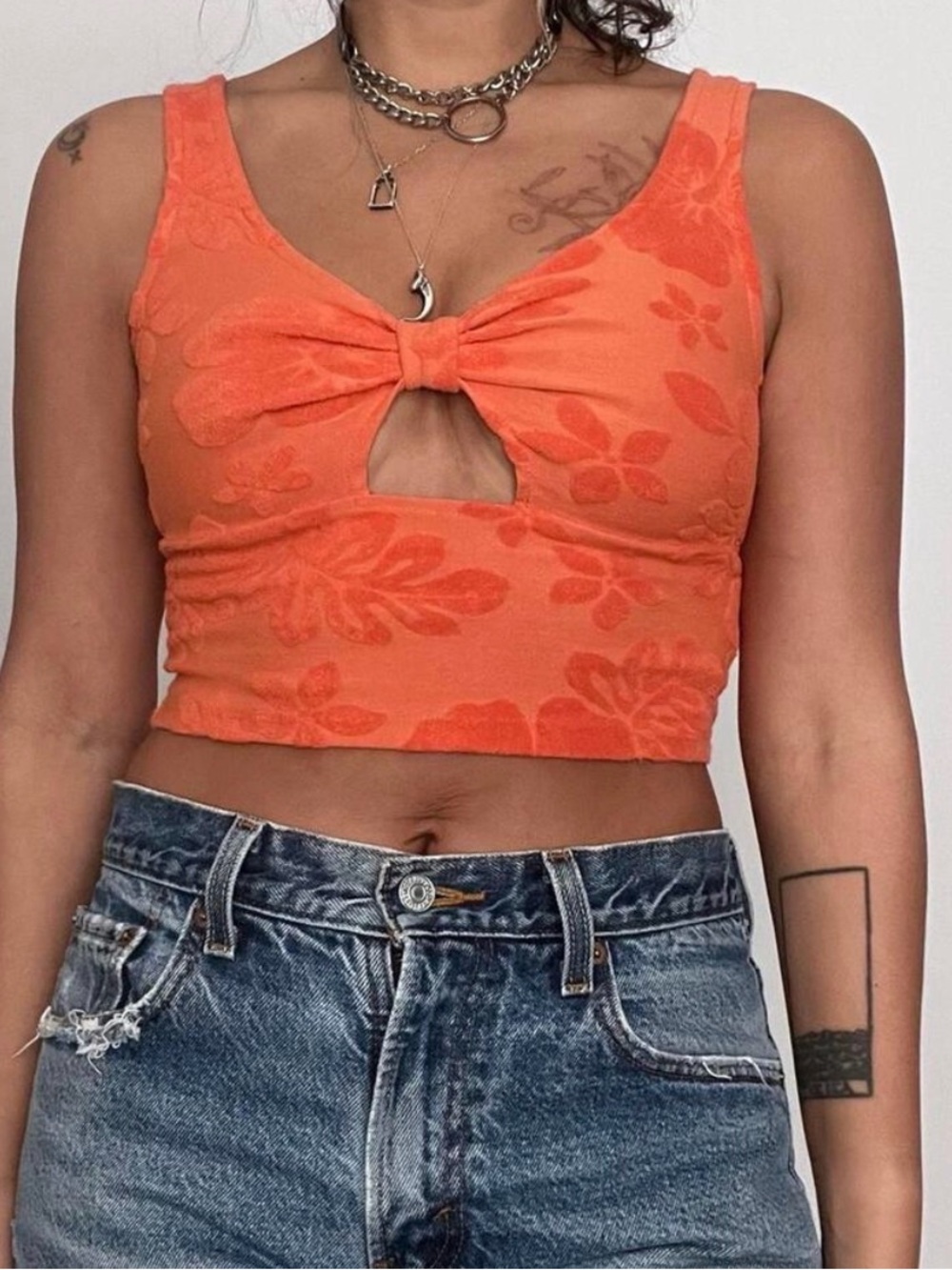 SO Clothing Small Terry Cloth Tank Top Cropped Orange Floral Print Bow Detail